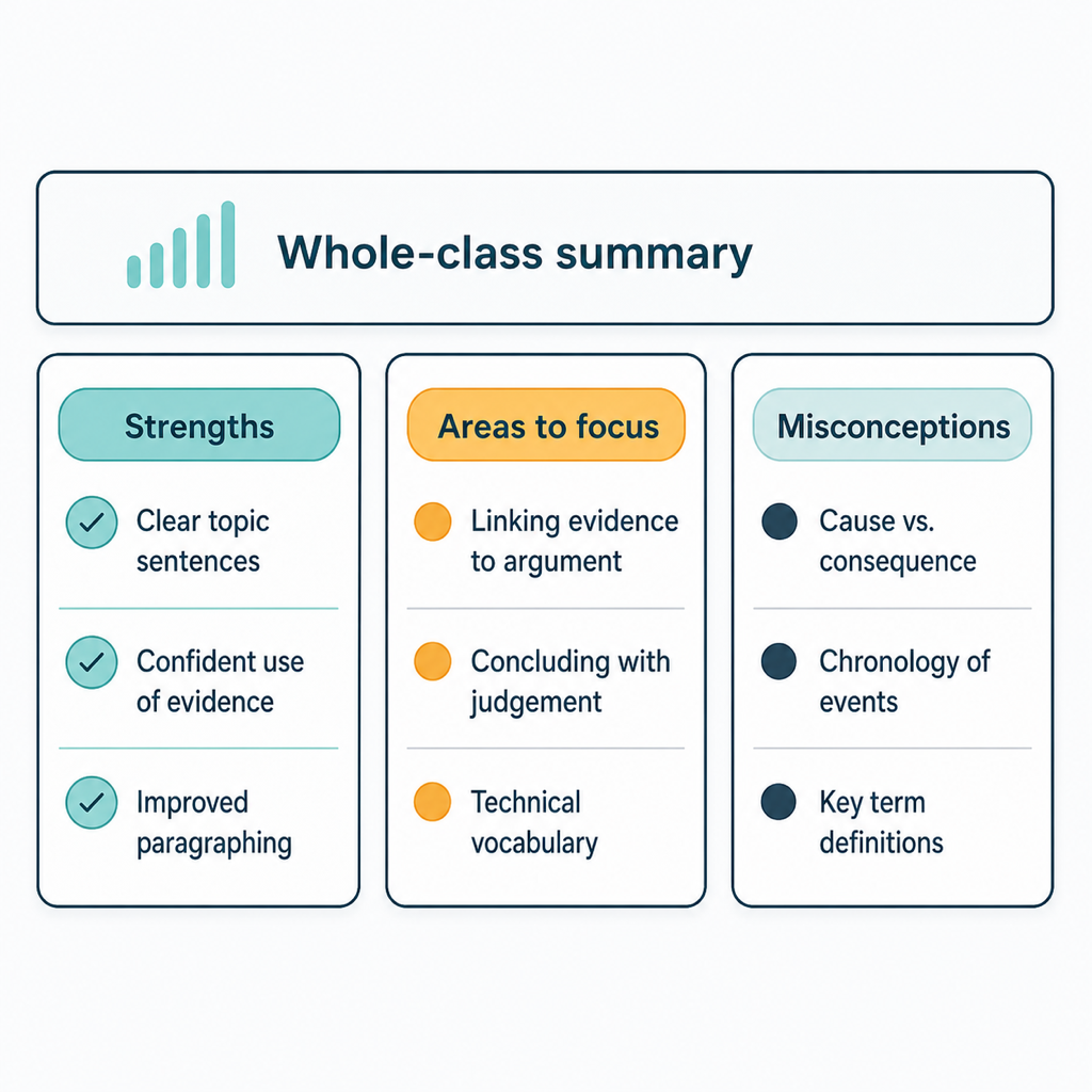 Whole-class summary: strengths, areas to focus, and misconceptions