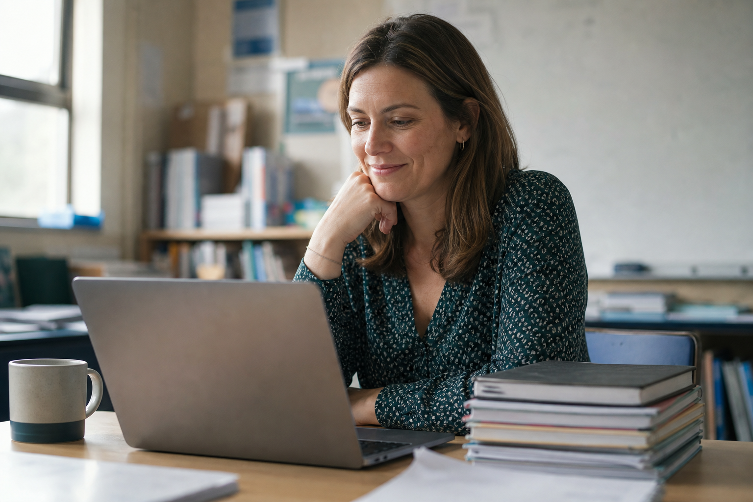 A secondary-school teacher at a classroom desk in warm afternoon light, looking up from a laptop with a calm, relieved expression, a small stack of exercise books beside them.