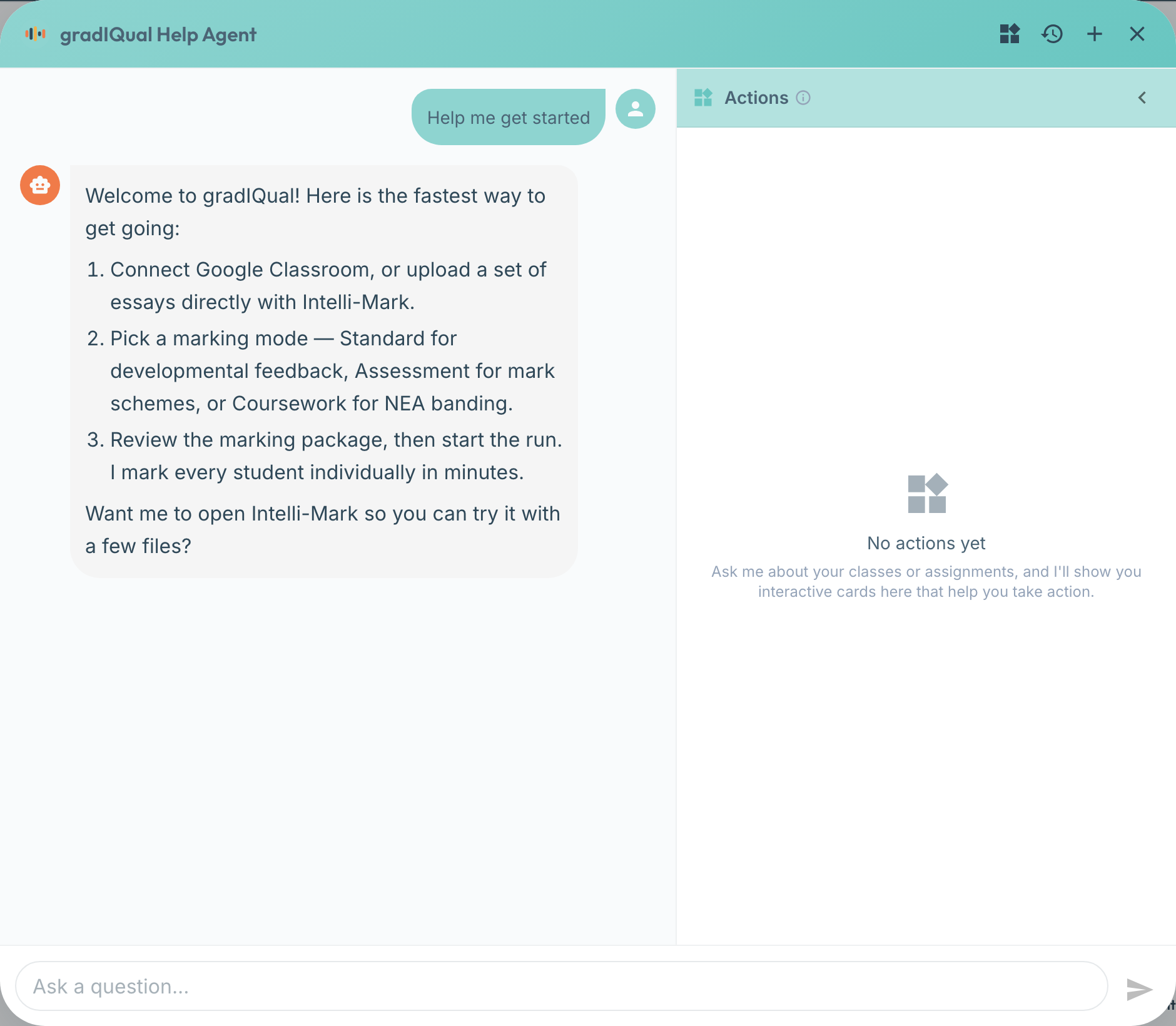 gradIQual Help Agent chat answering a teacher asking how to get started
