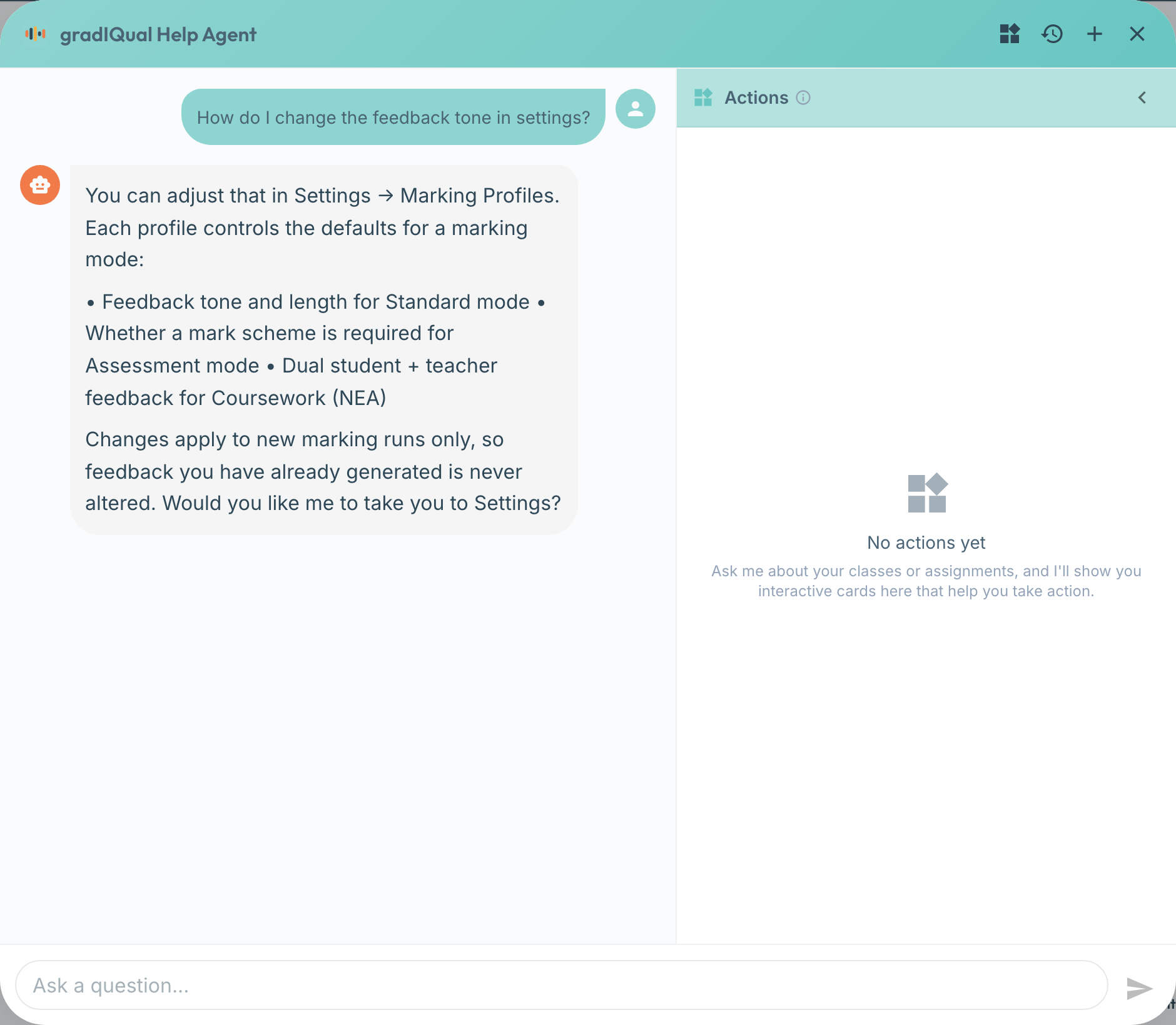gradIQual Help Agent explaining how to change a marking setting
