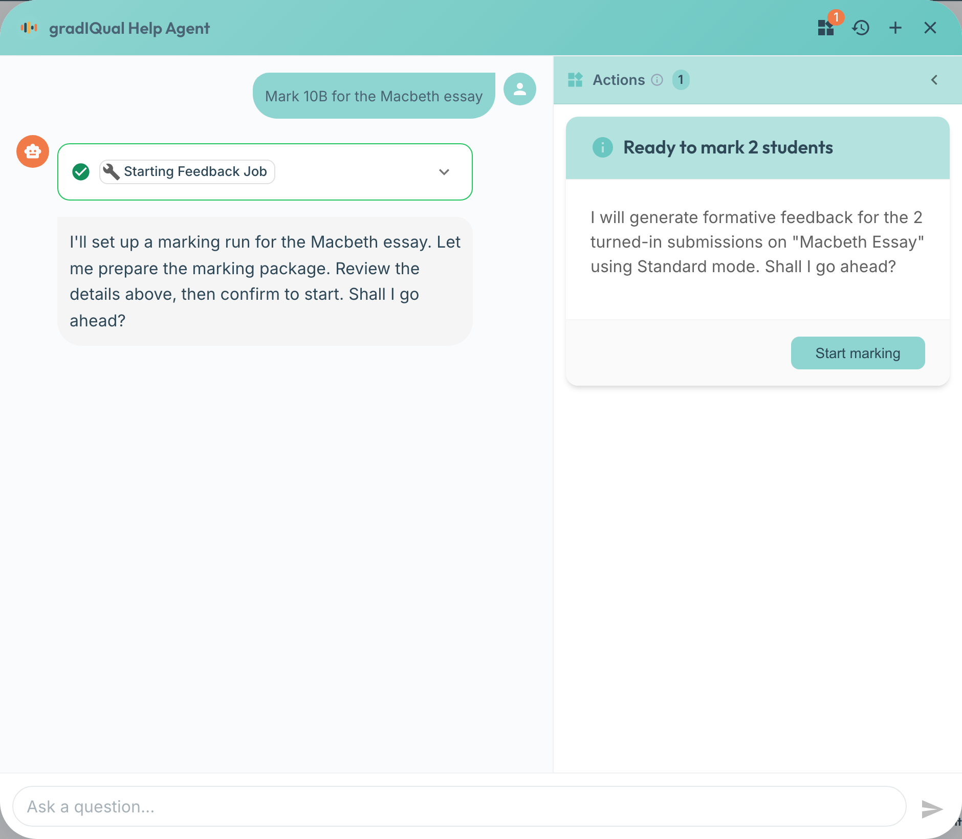 gradIQual Help Agent preparing a marking run and asking the teacher to confirm before starting