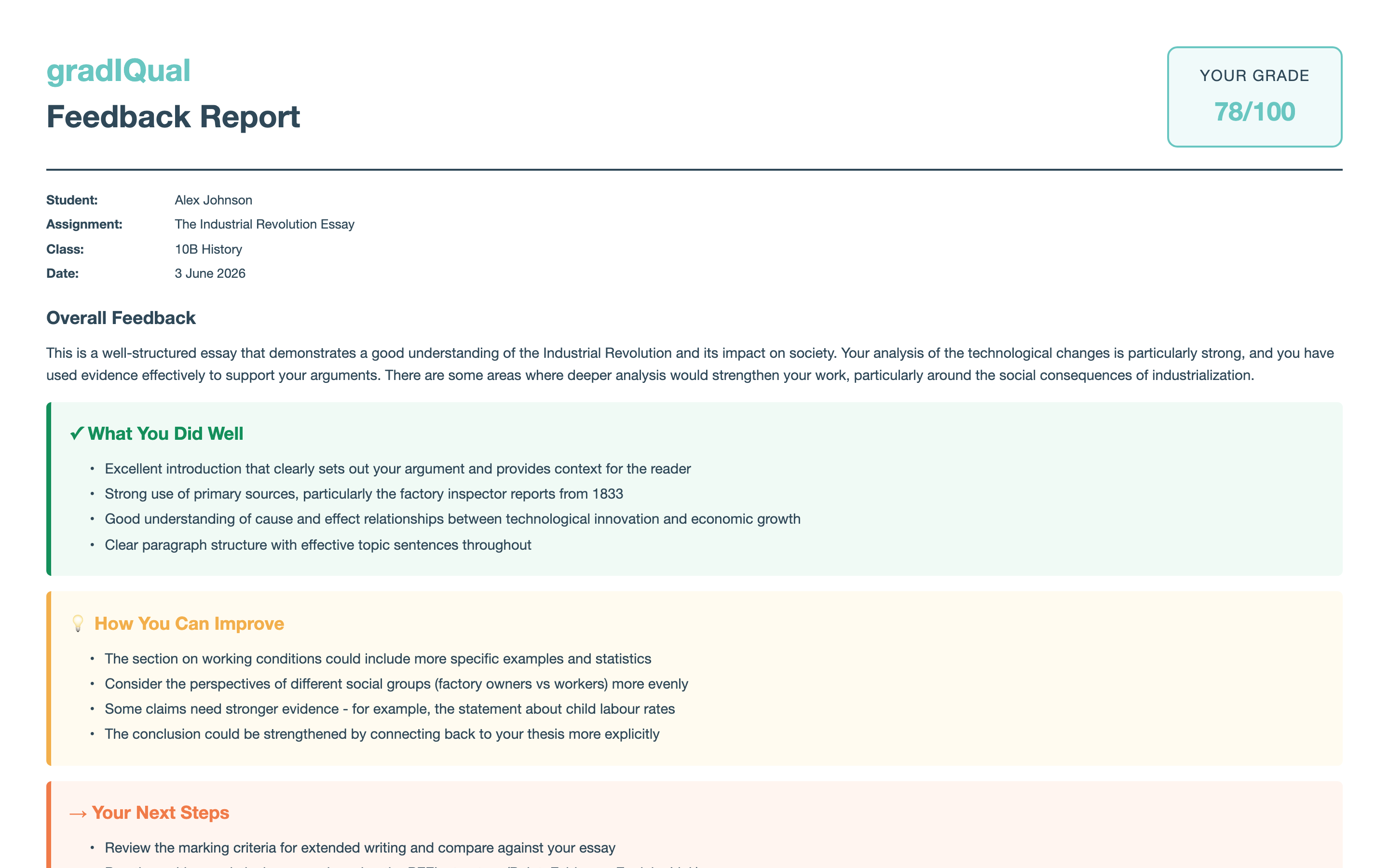 Branded gradIQual feedback document showing the grade, strengths, and an amber "How You Can Improve" areas-to-work-on section