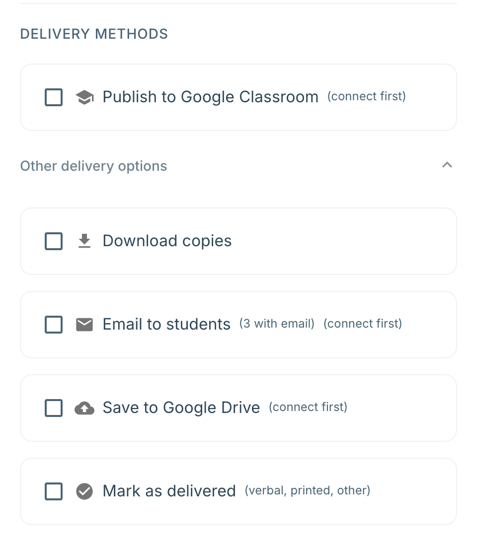 Delivery drawer showing Classroom, download, Drive and email methods