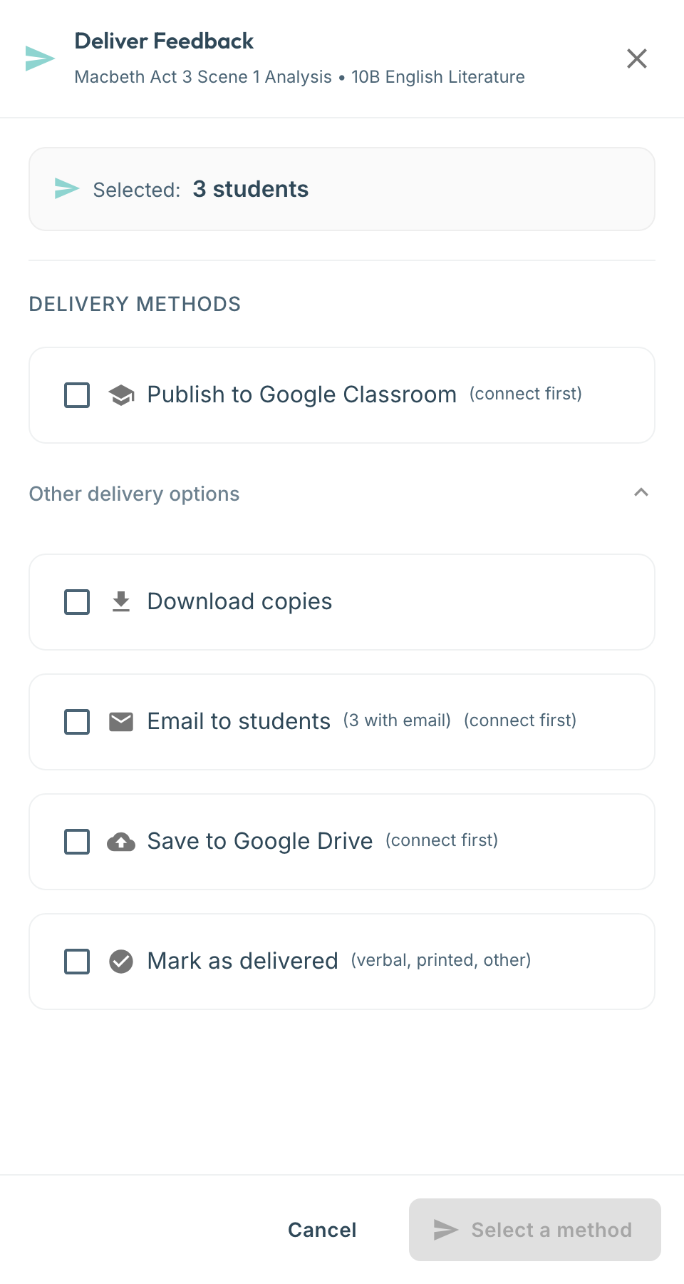 Delivery drawer with options for sending feedback to students