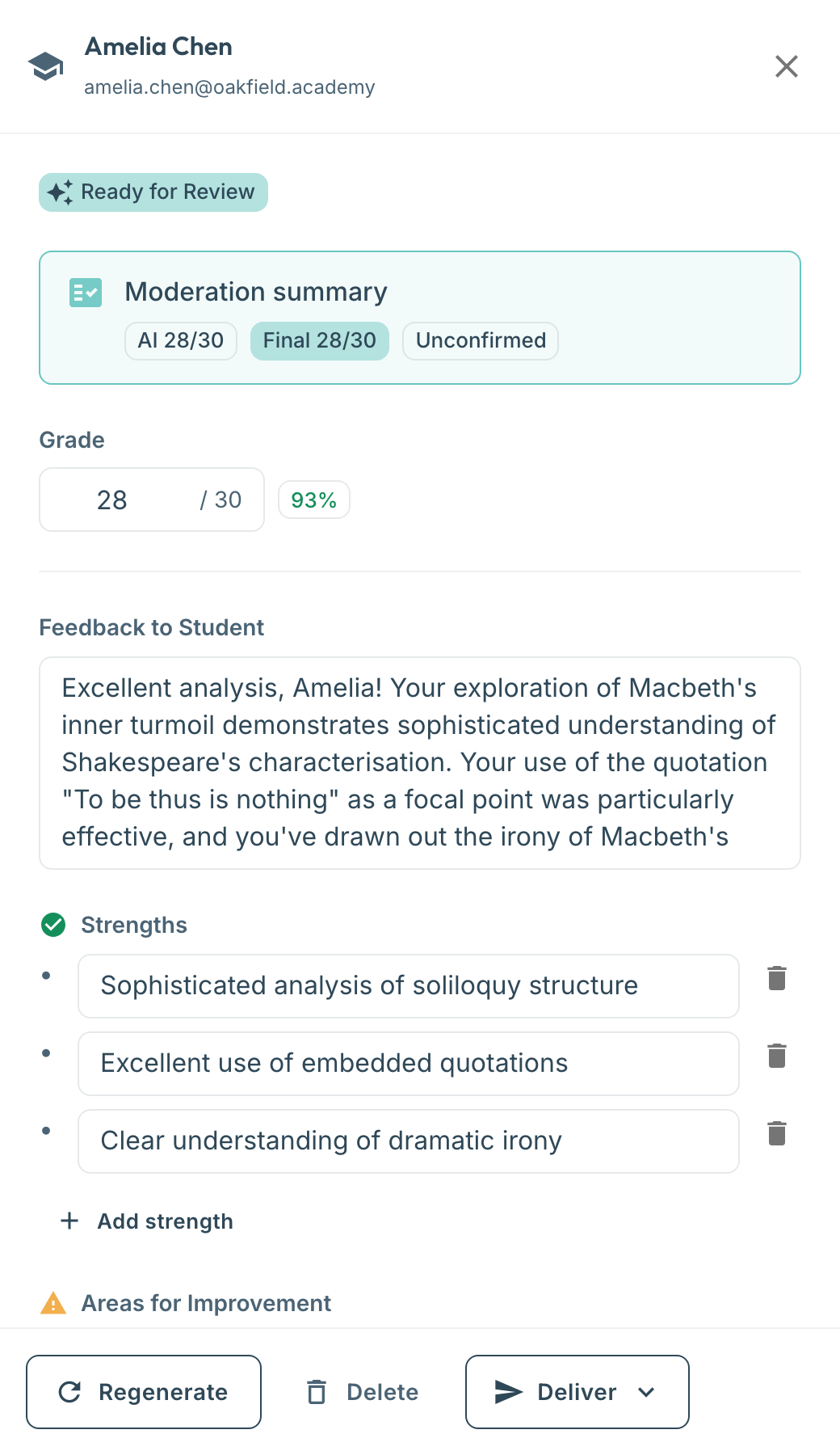 Feedback drawer with strengths and amber areas-for-improvement headings