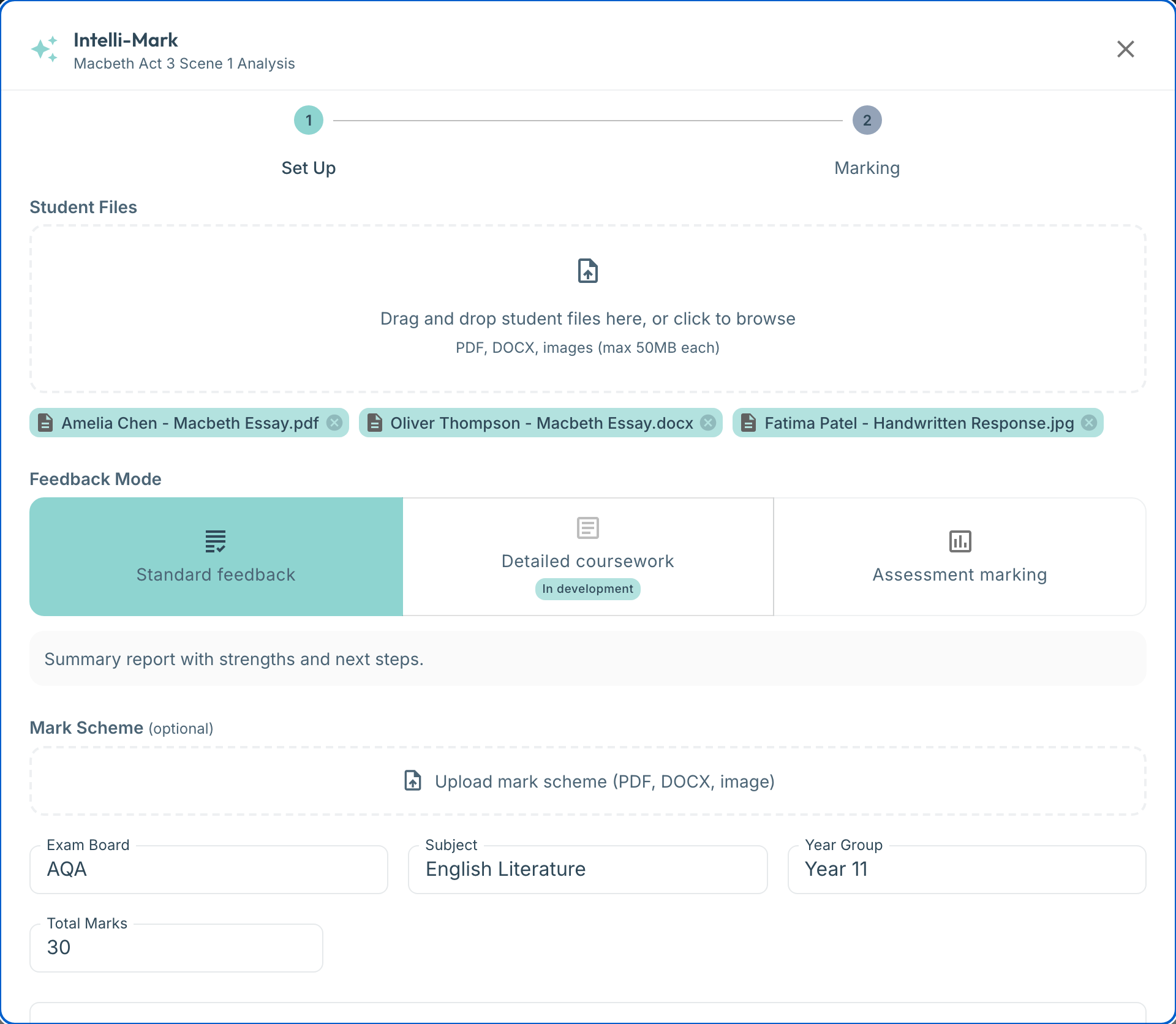 Unified marking wizard Set Up step confirming task type, mark scheme and context for an upload