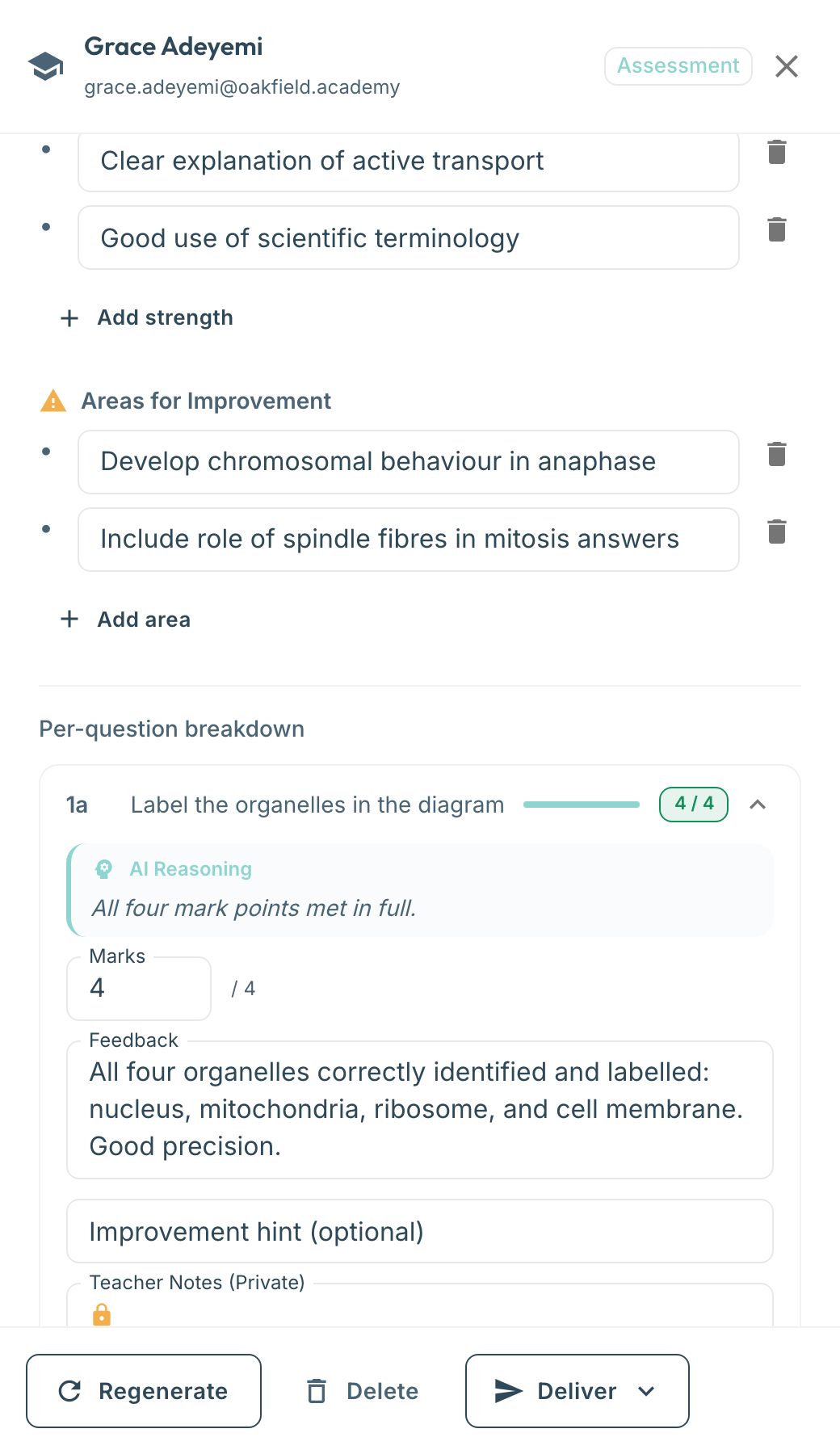 Feedback drawer showing per-question marks and progress bars against a mark scheme
