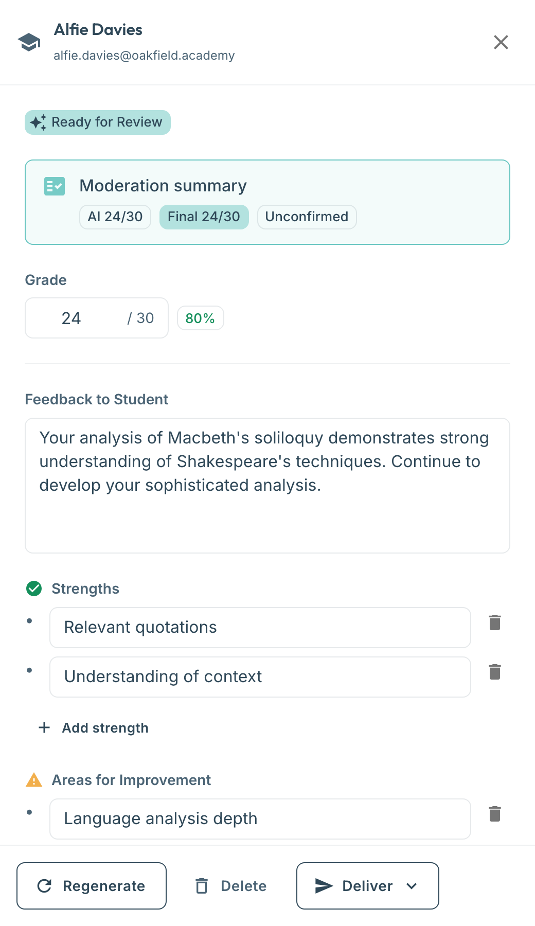 Standard feedback drawer showing grade, strengths and next steps