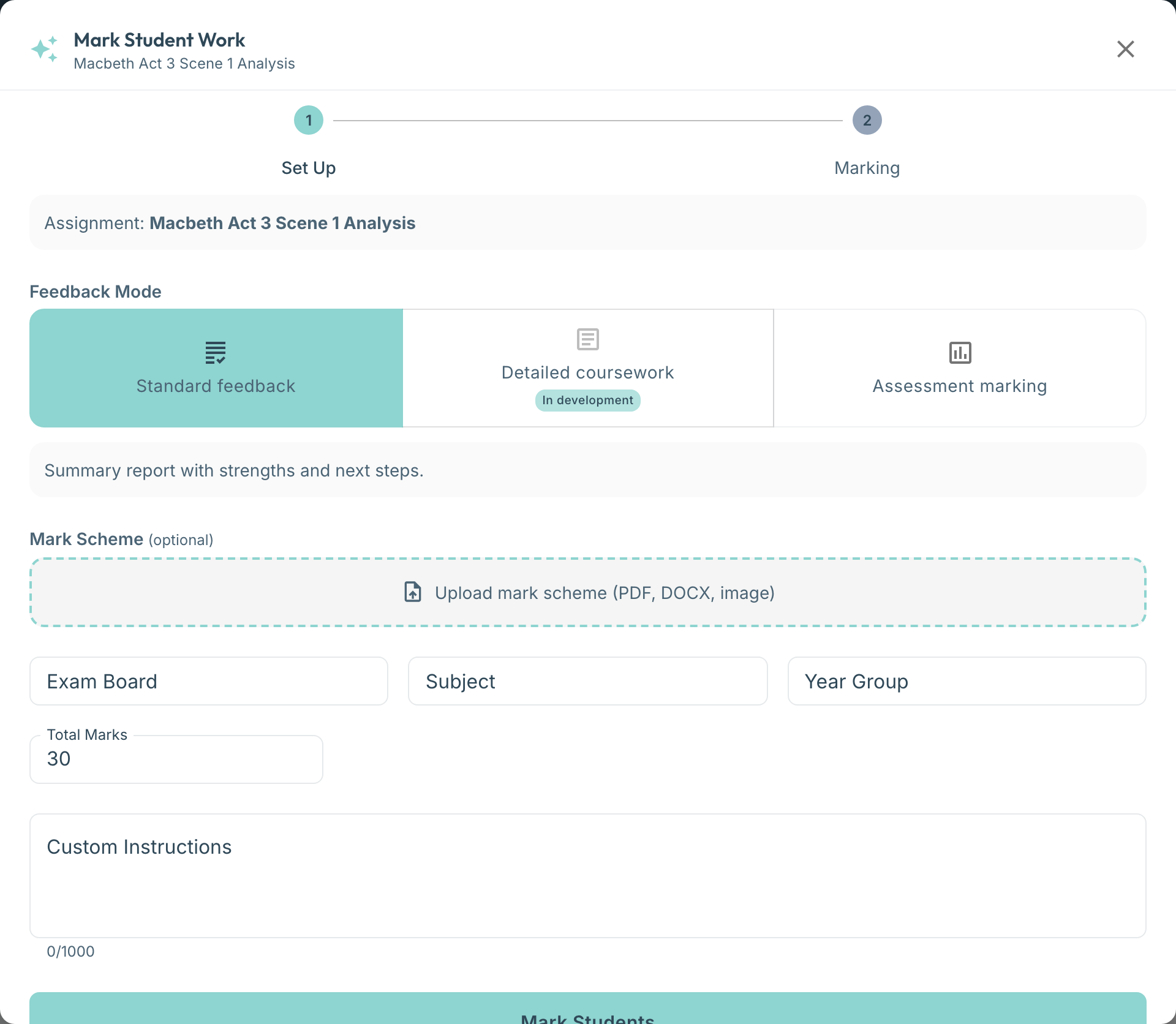 Marking wizard Set Up step choosing feedback mode and mark scheme