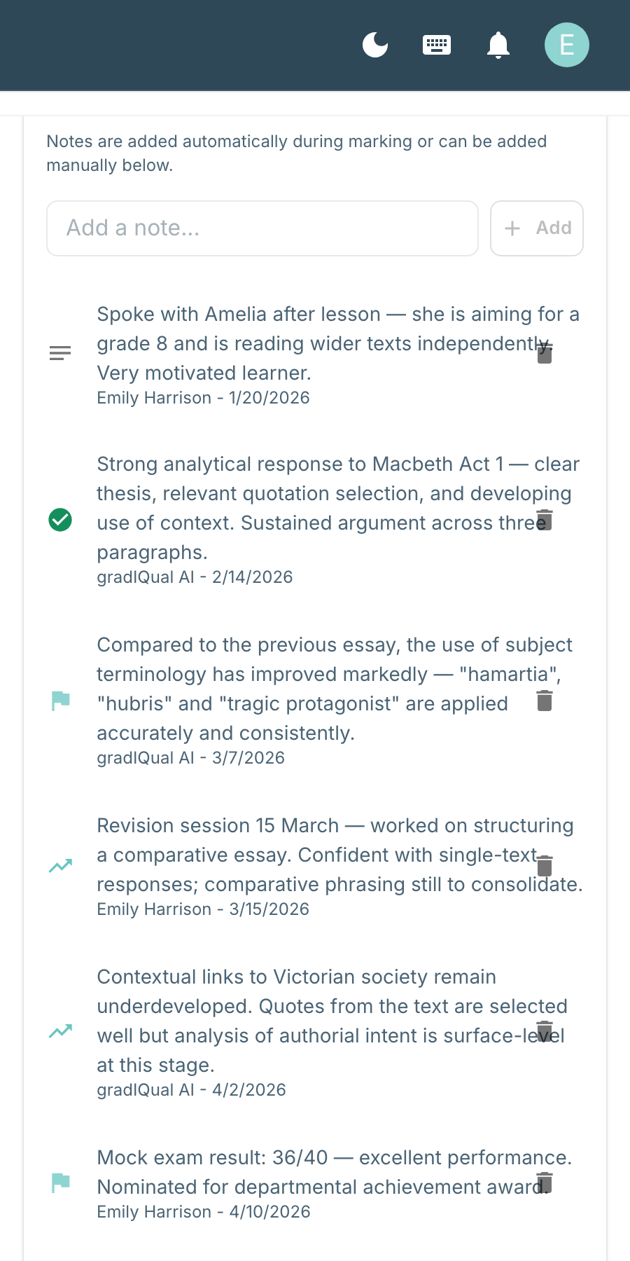 Progress note milestone showing how a student has improved compared to their previous essay — demonstrating next-round feedback tracking