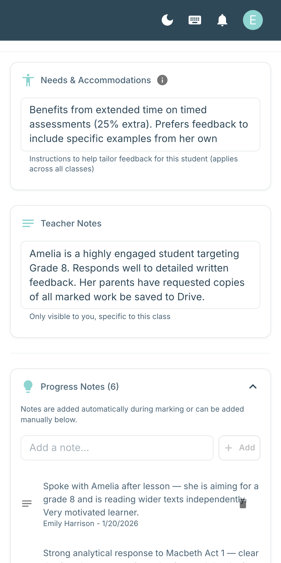 Student profile showing teacher private notes alongside AI-attributed progress annotations — demonstrating the mix of teacher and AI-generated insights
