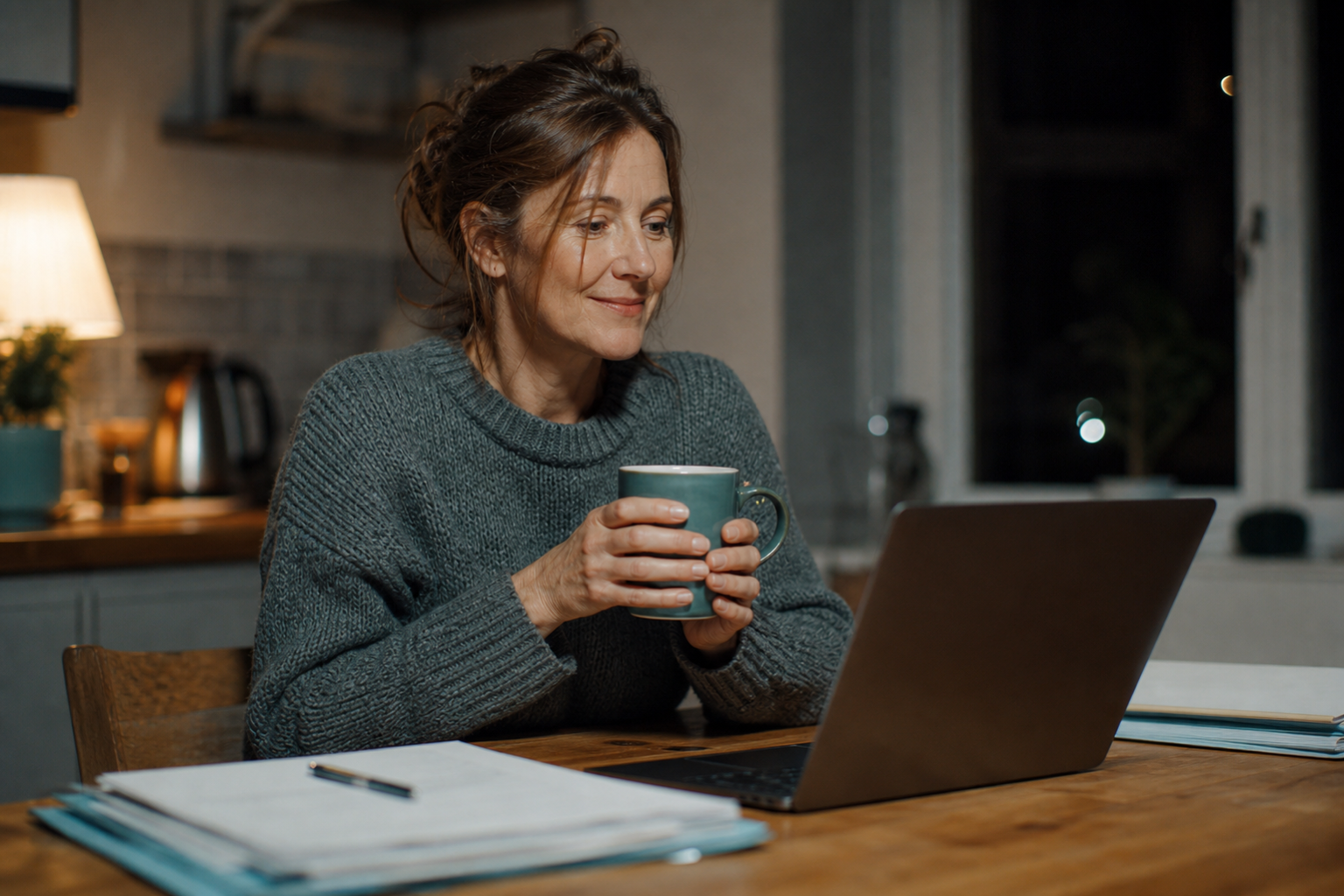 A teacher sitting calmly at a home table in the evening with a mug of tea and a laptop, looking unhurried.